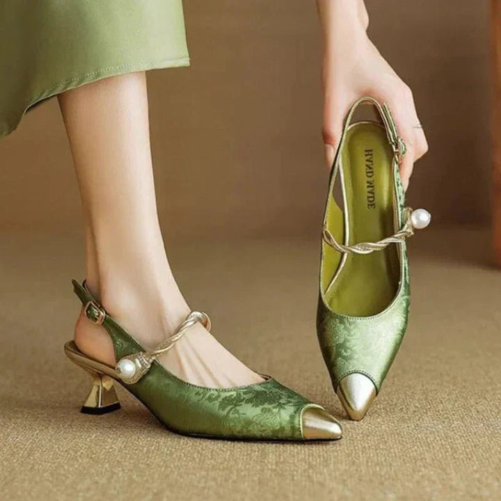 Damers Blomsterjacquard Spidstå Kitten Heel Slingback Pumps - Green