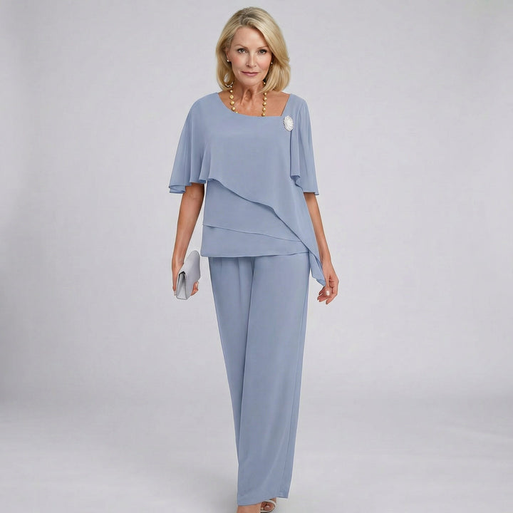 Damers Chiffon Cape-Ærme Two-Piece Set Bukser med Brede Ben - Grey-Blue