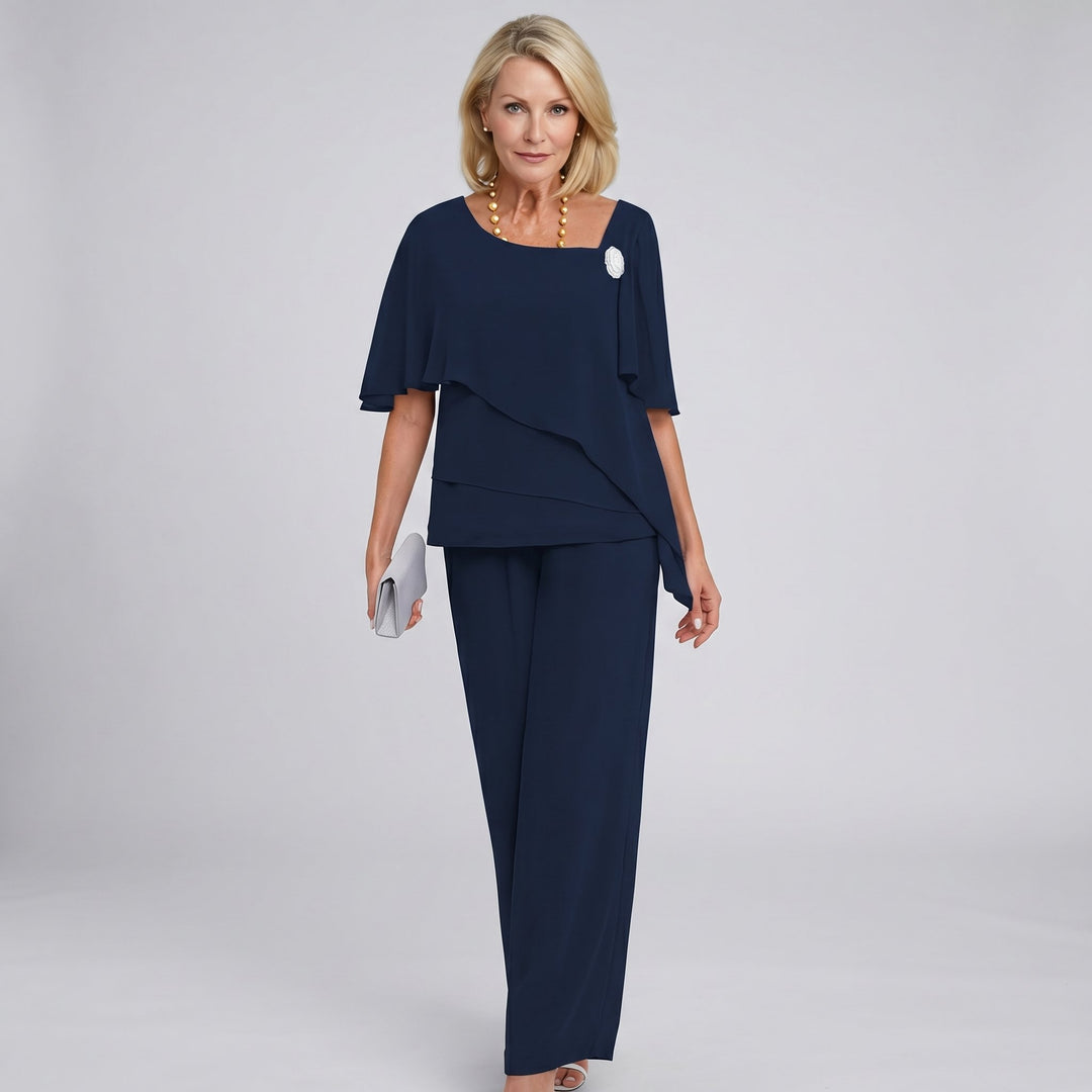 Damers Chiffon Cape-Ærme Two-Piece Set Bukser med Brede Ben - Navy Blue