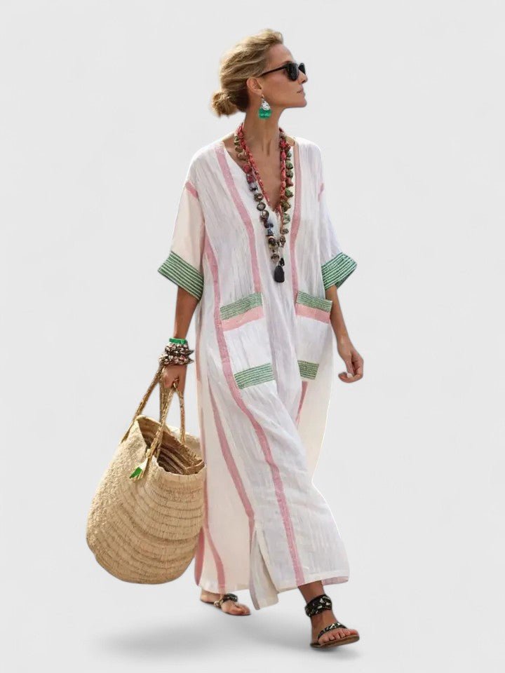 Damers Oversized Boho Maxi Kjole V-Hals Stribet Linned - White