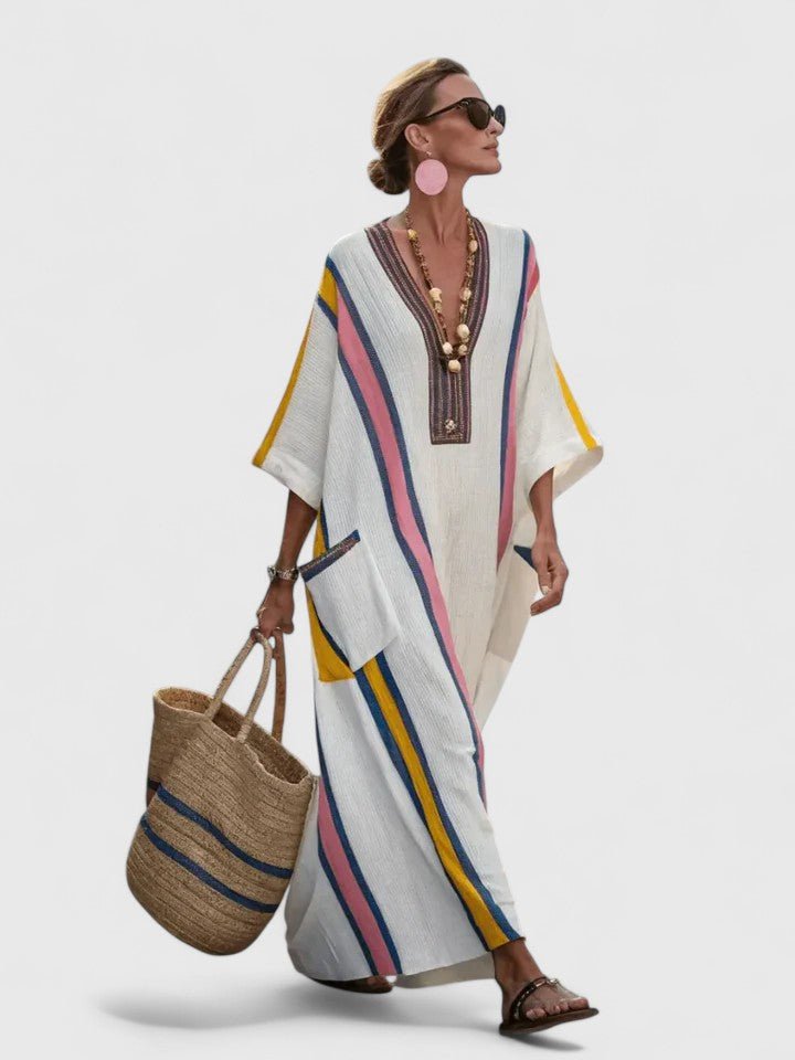 Damers Oversized Boho Maxi Kjole V-Hals Stribet Linned - White 2