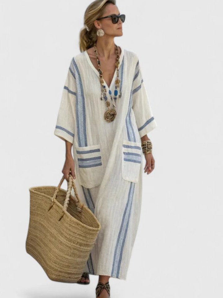 Damers Oversized Boho Maxi Kjole V-Hals Stribet Linned - White 3