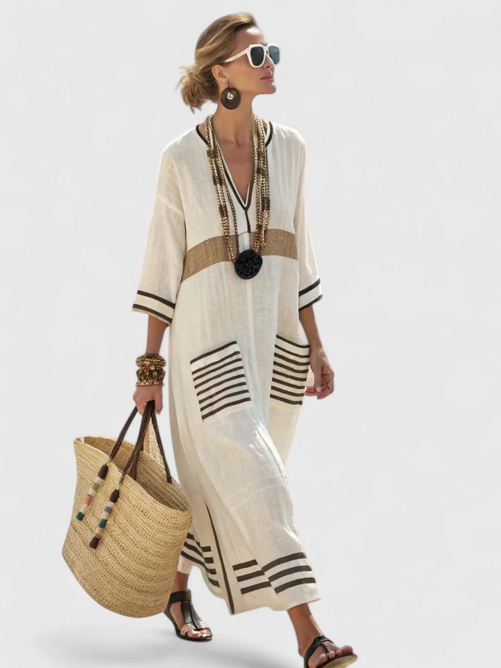 Damers Oversized Boho Maxi Kjole V-Hals Stribet Linned - Beige