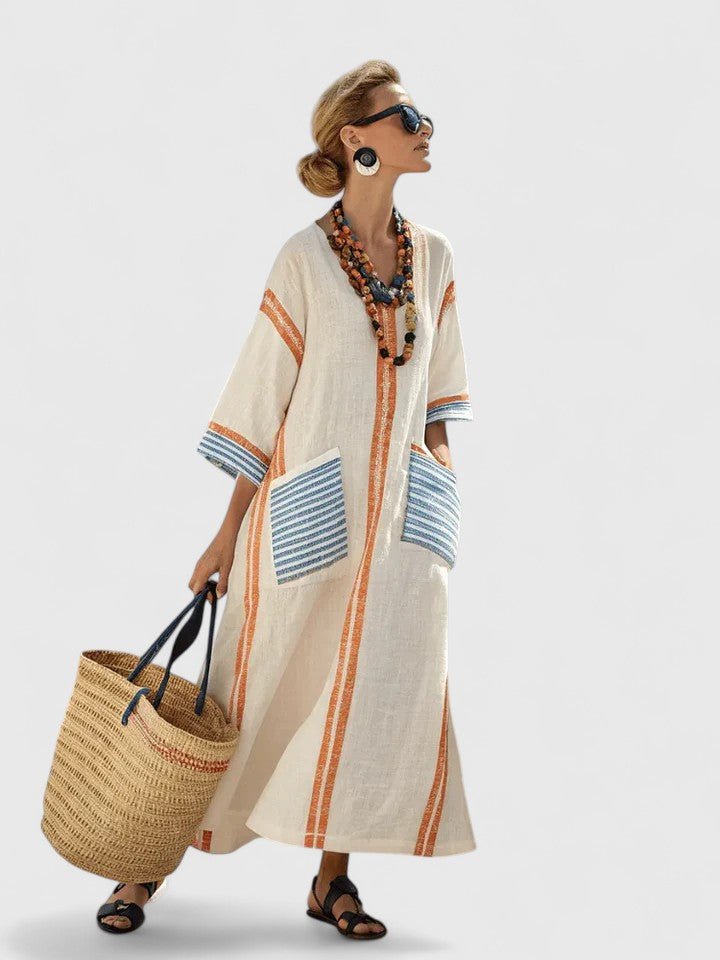 Damers Oversized Boho Maxi Kjole V-Hals Stribet Linned - Beige 2