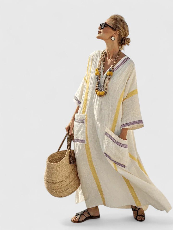 Damers Oversized Boho Maxi Kjole V-Hals Stribet Linned - Beige 3