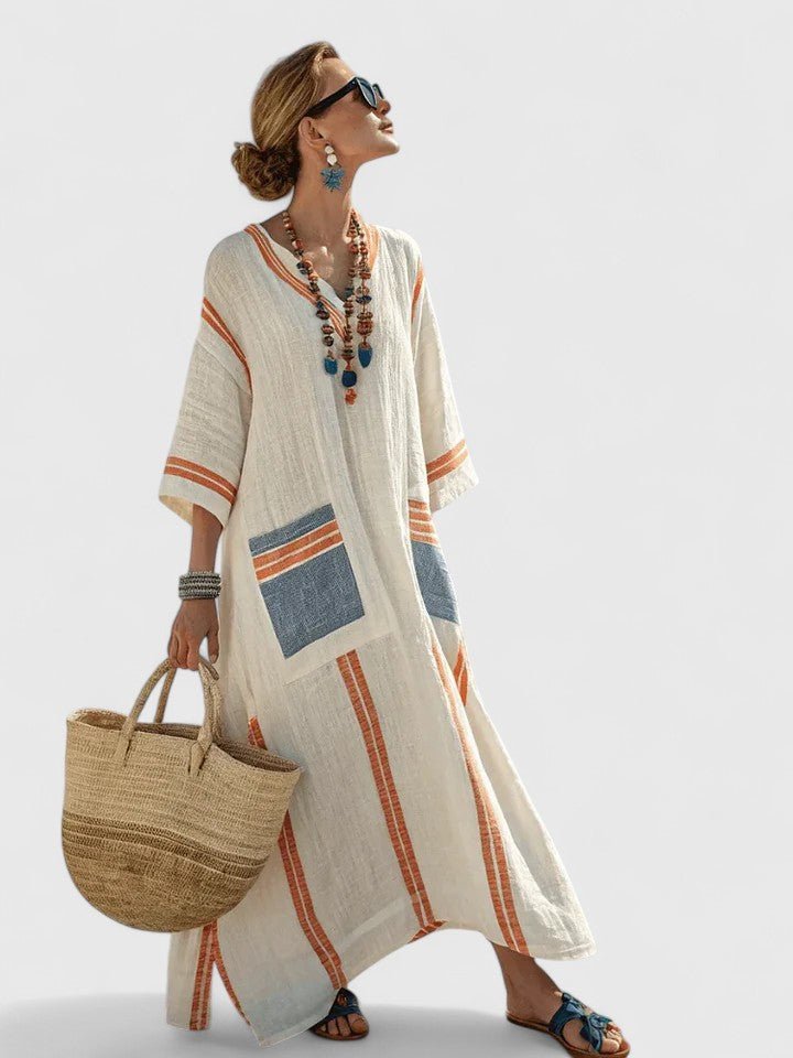 Damers Oversized Boho Maxi Kjole V-Hals Stribet Linned - Beige 4