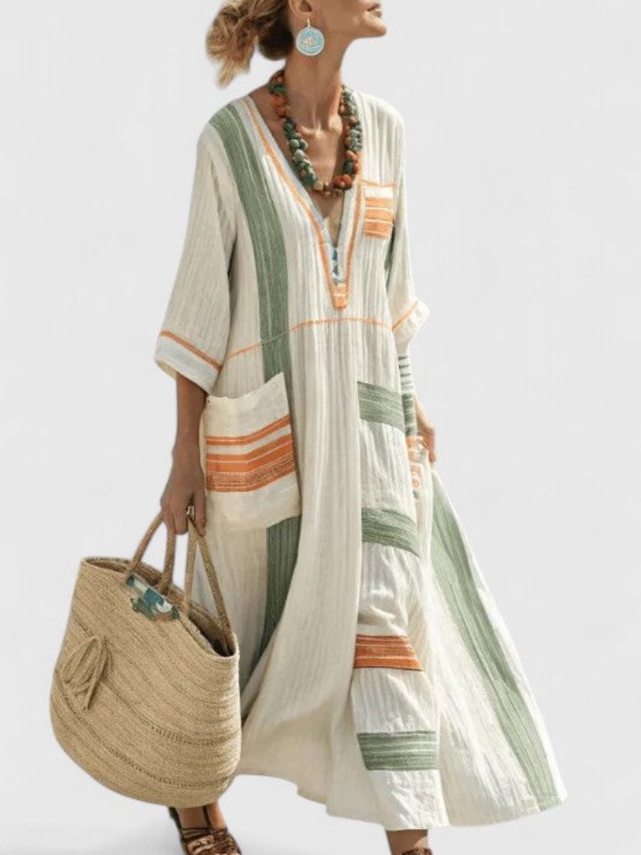 Damers Oversized Boho Maxi Kjole V-Hals Stribet Linned - Beige 5