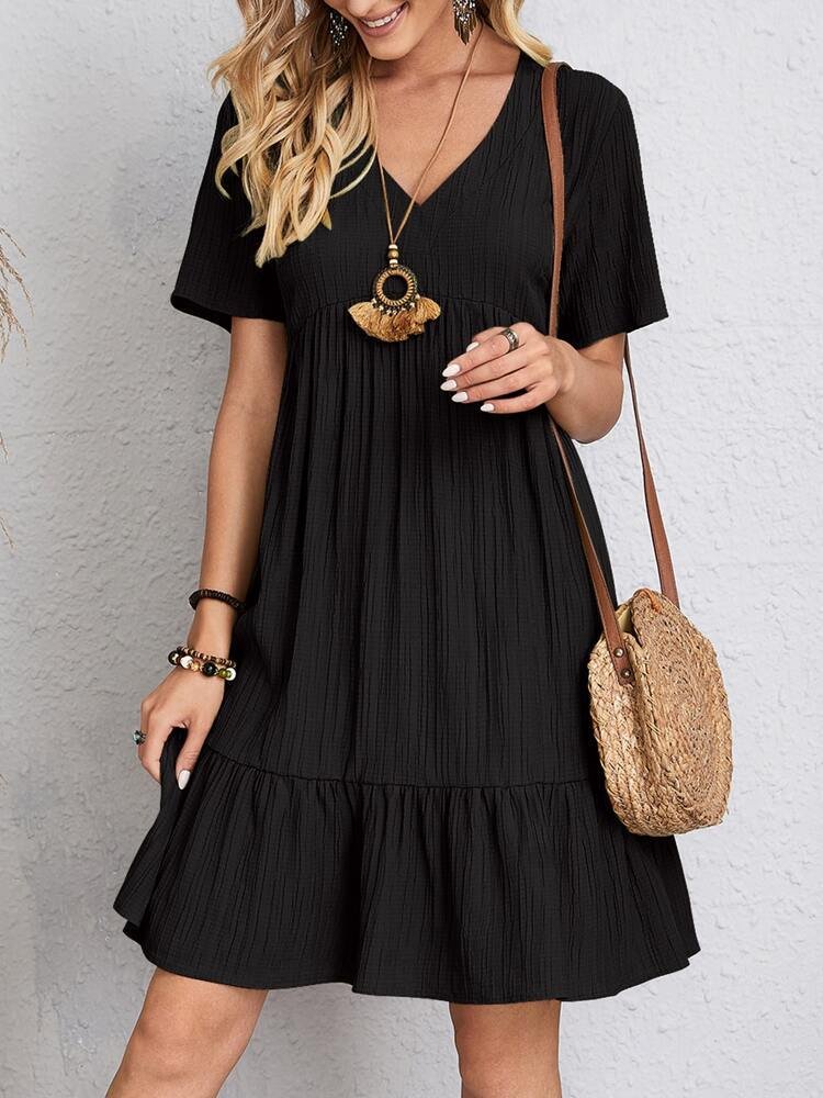 Damers V-hals Kortærmet Volang Babydoll Kjole - Black