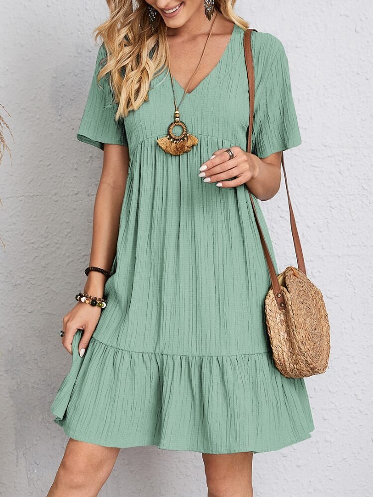 Damers V-hals Kortærmet Volang Babydoll Kjole - Light Green