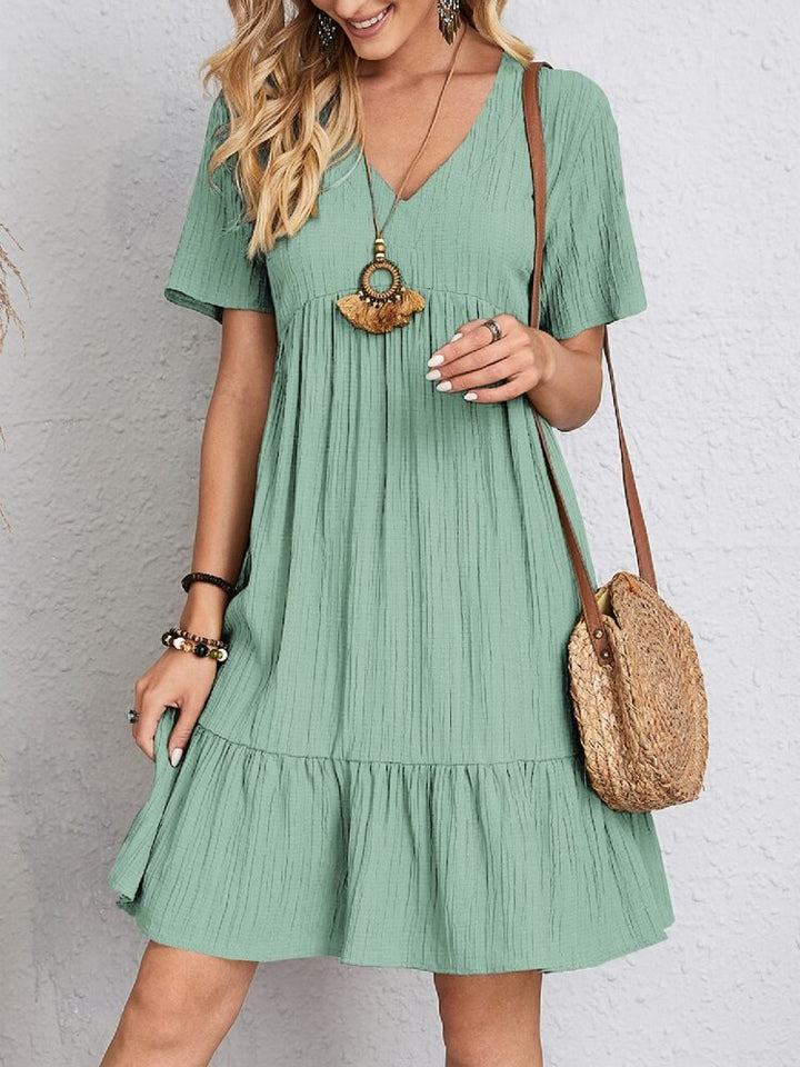 Damers V-hals Kortærmet Volang Babydoll Kjole - Light Green