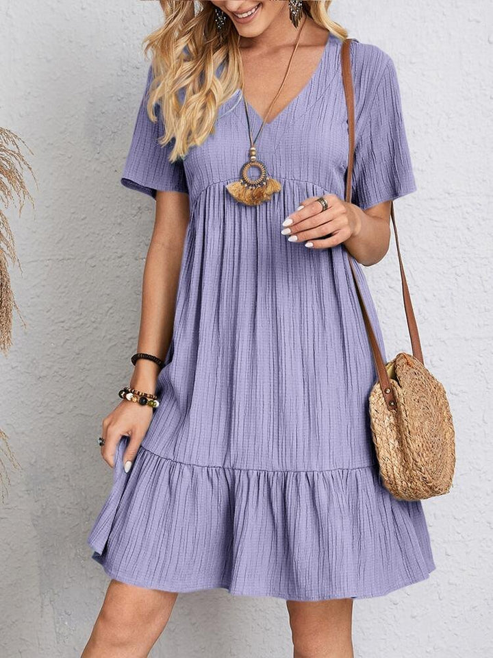 Damers V-hals Kortærmet Volang Babydoll Kjole - Purple