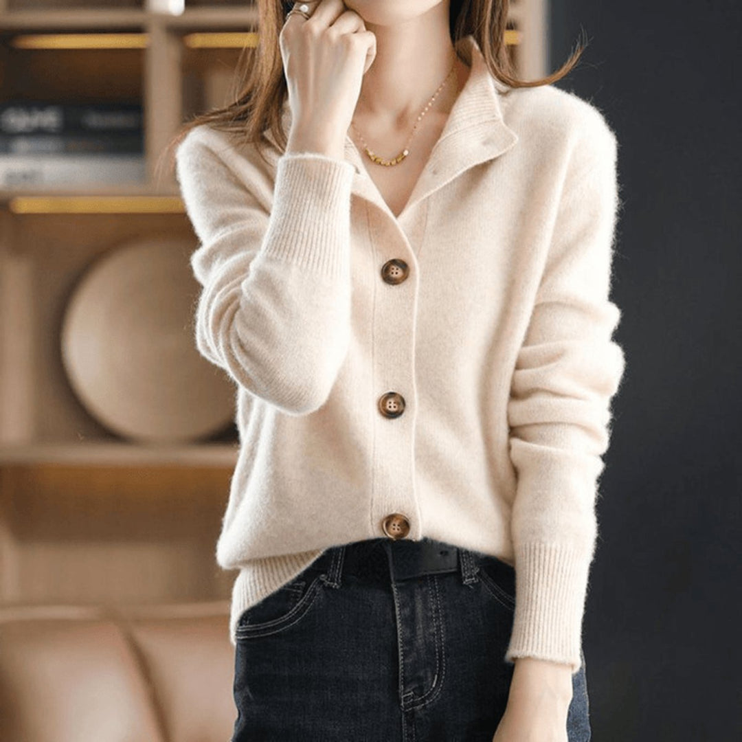 Dames Blød Cashmere Knap-cardigan Rund Hals - Beige