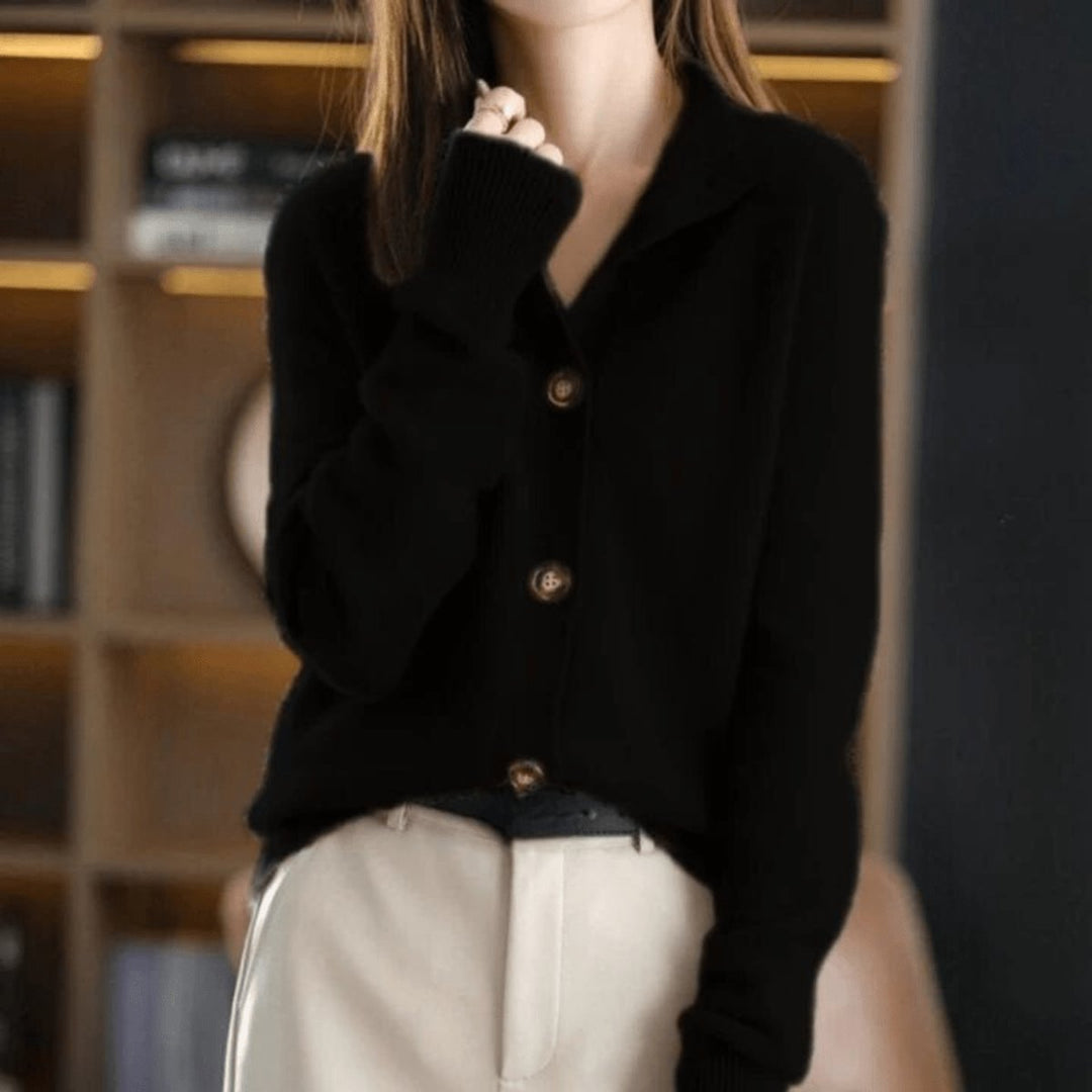 Dames Blød Cashmere Knap-cardigan Rund Hals - Sort