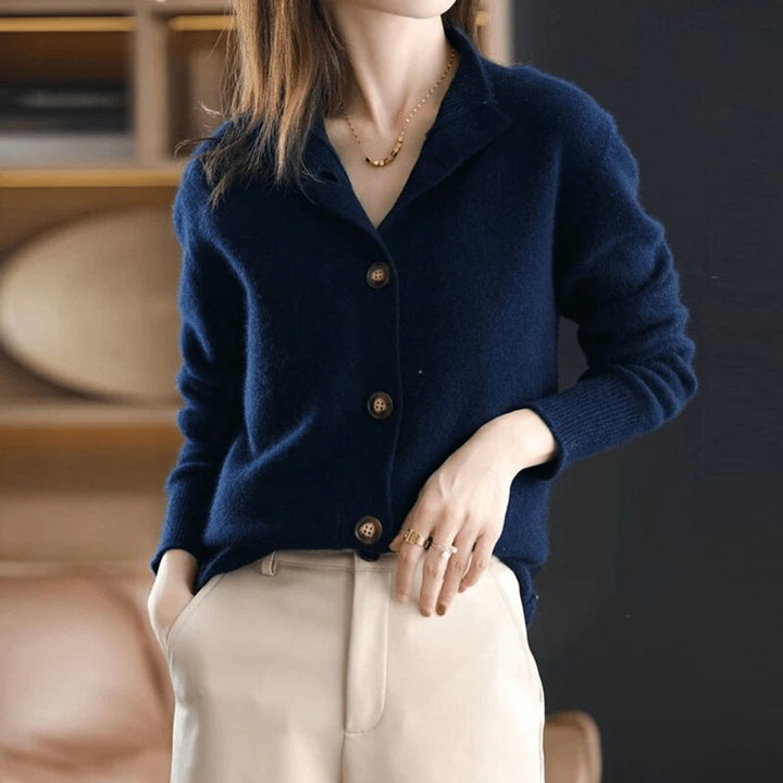 Dames Blød Cashmere Knap-cardigan Rund Hals - Mørkeblå