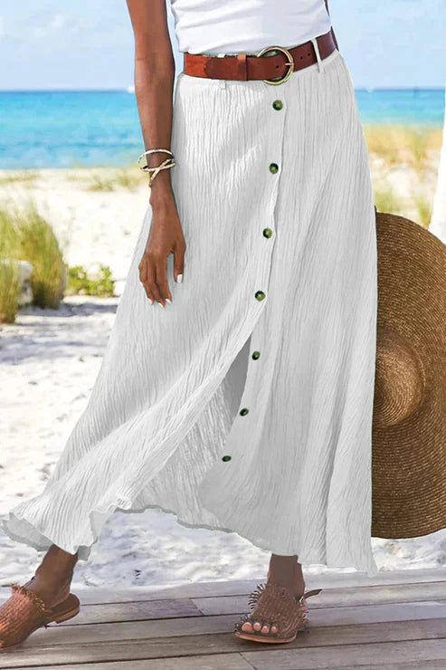 Dames Højtaljede Krøllet Linned-Look Maxi Knappeskørt - White