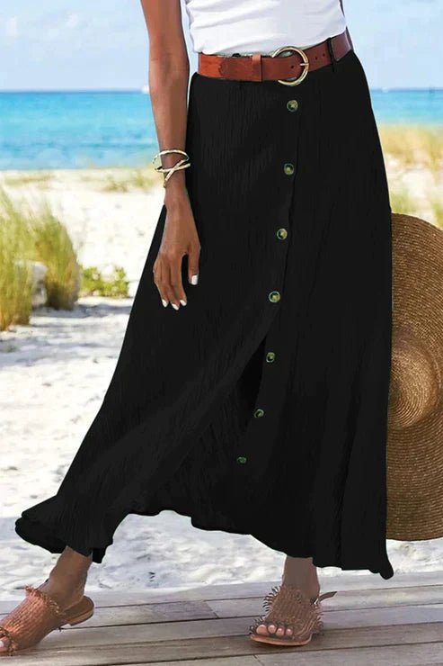 Dames Højtaljede Krøllet Linned-Look Maxi Knappeskørt - Black