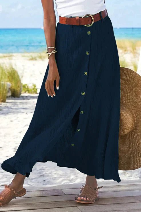 Dames Højtaljede Krøllet Linned-Look Maxi Knappeskørt - Tibetan blue