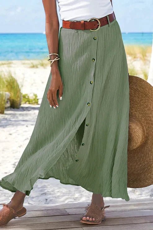 Dames Højtaljede Krøllet Linned-Look Maxi Knappeskørt - Light green