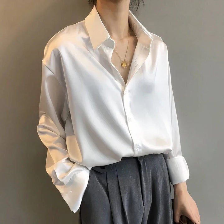 Dames Satin Skjorte Langærmet Knapplukning Spids Krave - White