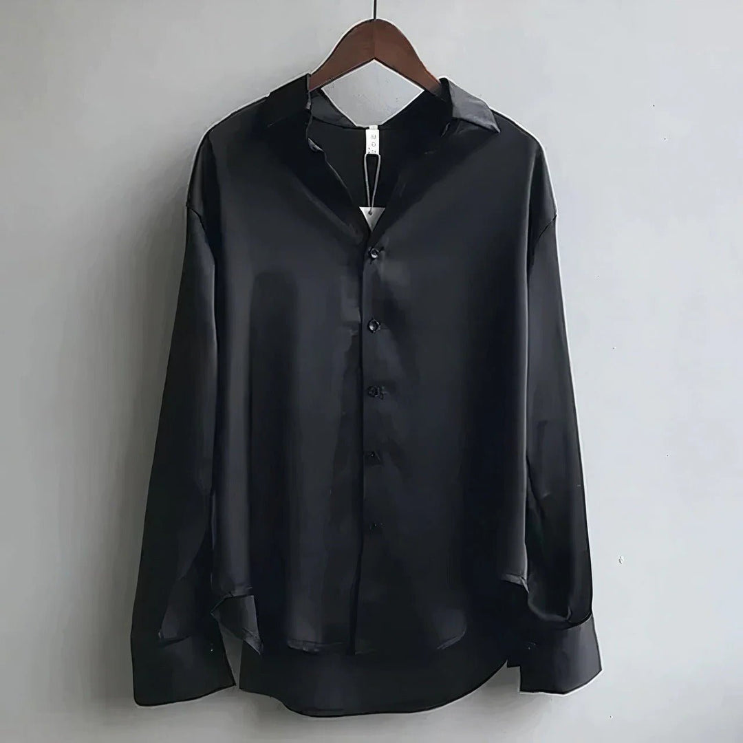 Dames Satin Skjorte Langærmet Knapplukning Spids Krave - Black