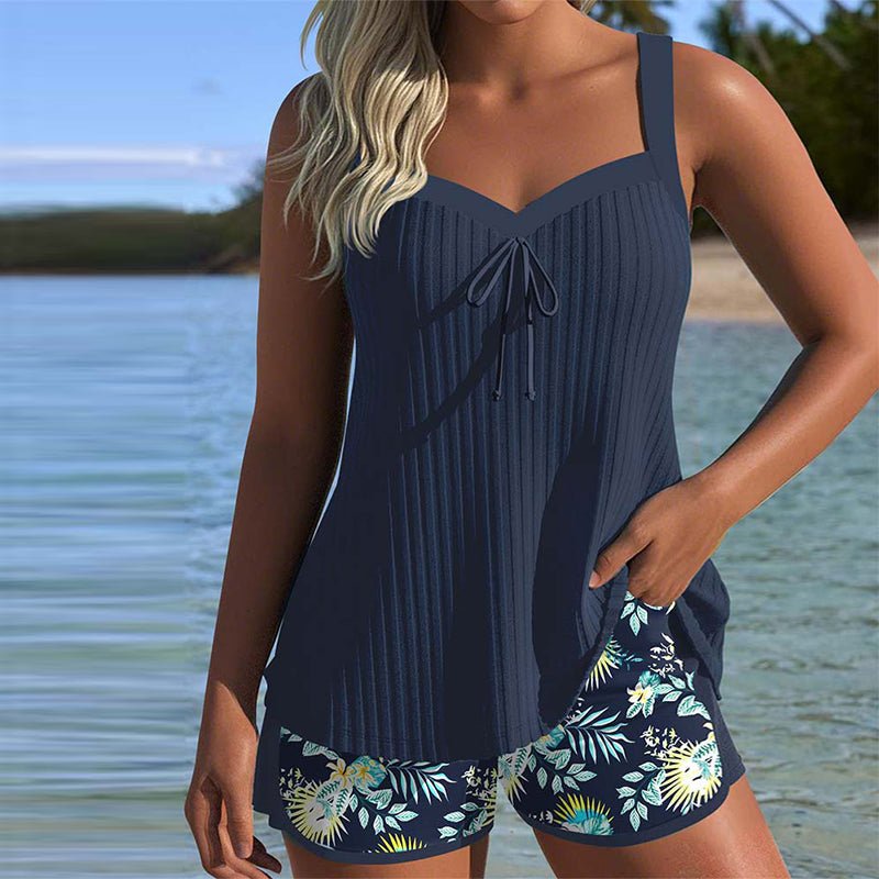 Dames Two-piece Set Tankini Stribede Badeshorts Blomsterprint - Navy Blue