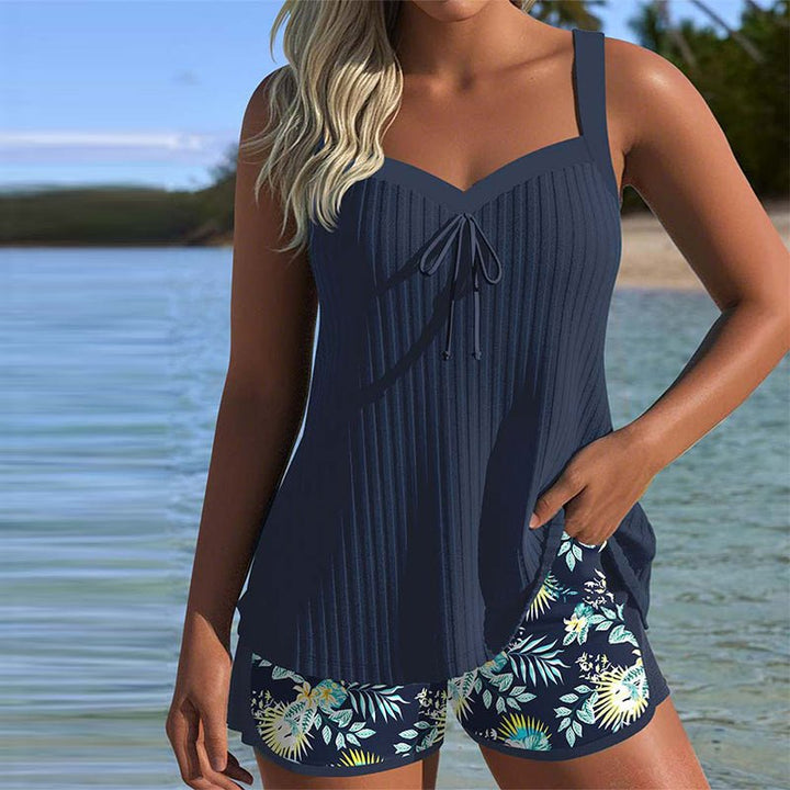 Dames Two-piece Set Tankini Stribede Badeshorts Blomsterprint - Navy Blue