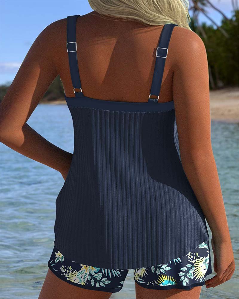 Dames Two-piece Set Tankini Stribede Badeshorts Blomsterprint