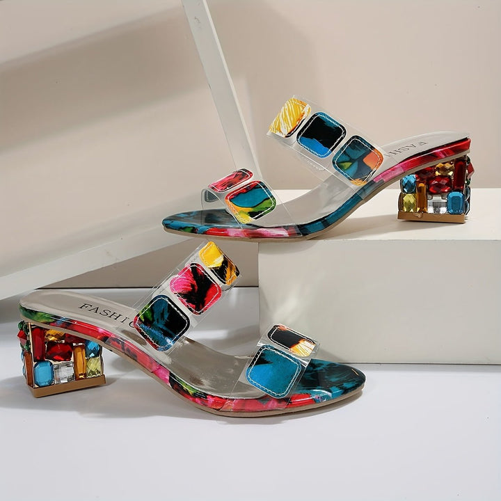Damesandaler Blokhæl Multifarvet Krystal Detaljer - Multicolor