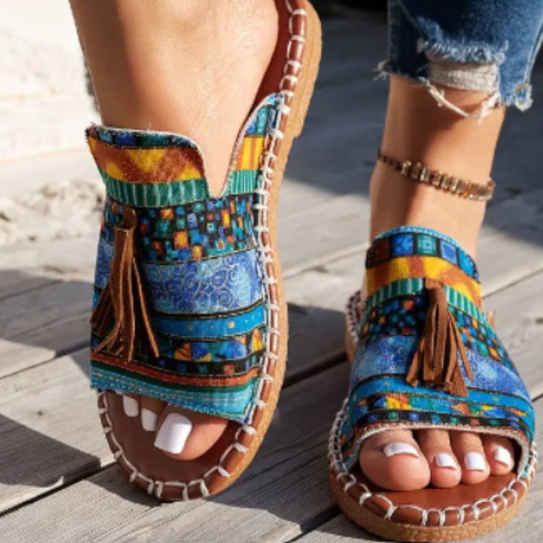 Damesandaler Bohemisk Mønster Kvast Slip-On Flade - Blue