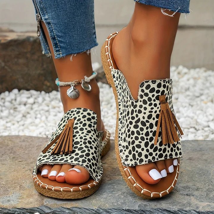 Damesandaler Bohemisk Mønster Kvast Slip-On Flade - Black & White