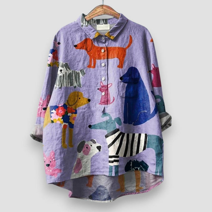 Dameskjorte Langermet Knappeskjorte Hundeprint Løstsittende - Purple