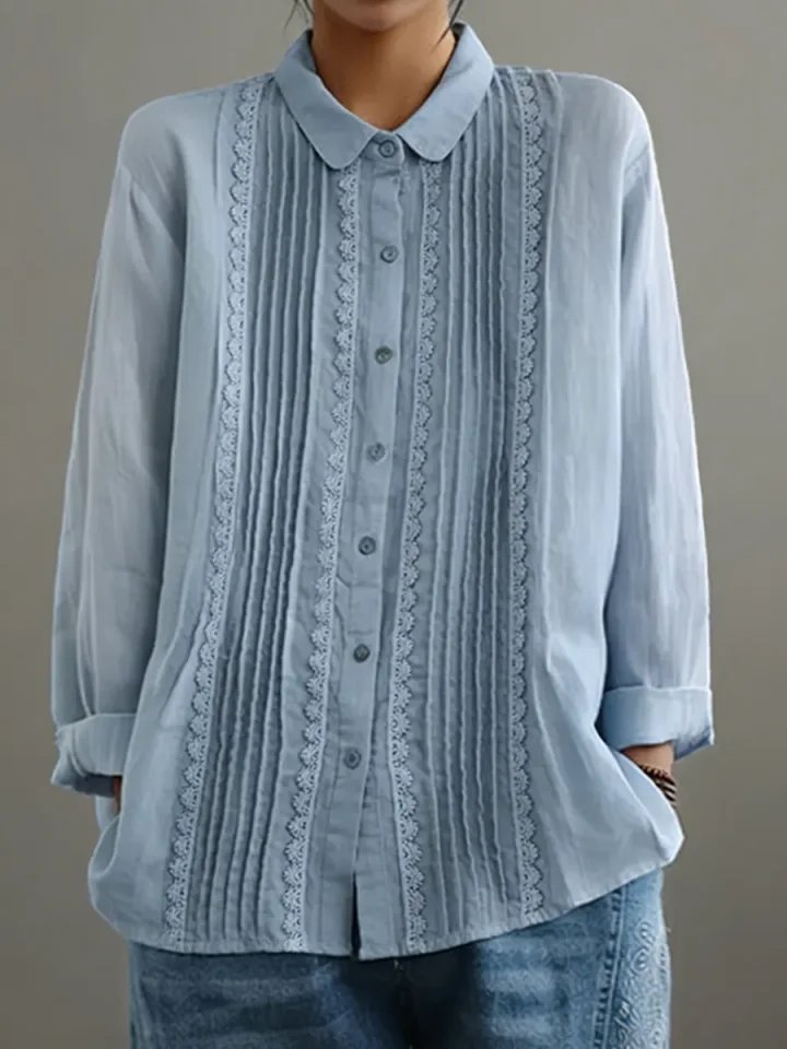 Dameskjorte med Blondekant Plisseret Forside Lange Ærmer - Light Blue