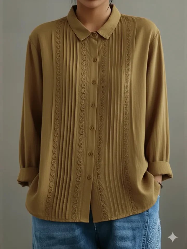 Dameskjorte med Blondekant Plisseret Forside Lange Ærmer - Beige