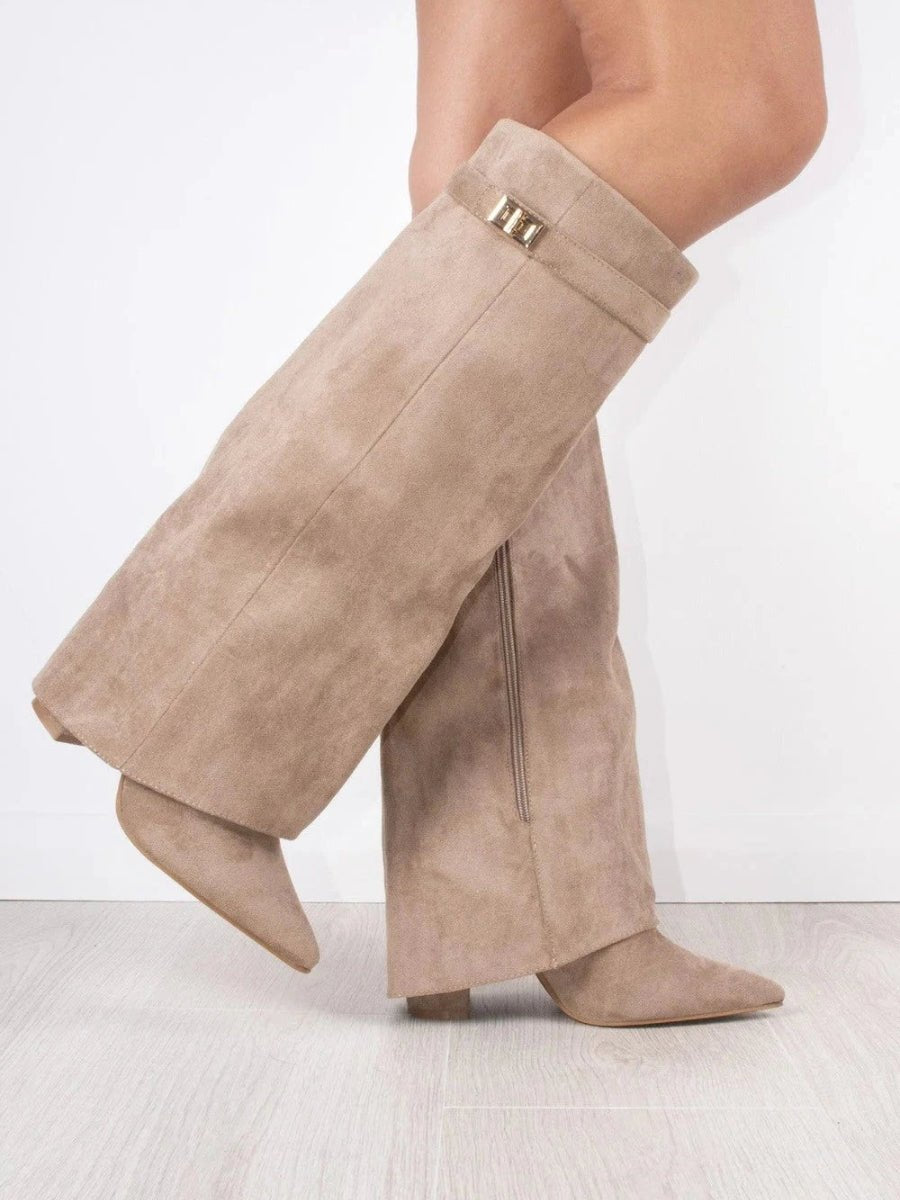 Damestøvler Suede Elegante Høje Støvler - Beige Wildleder