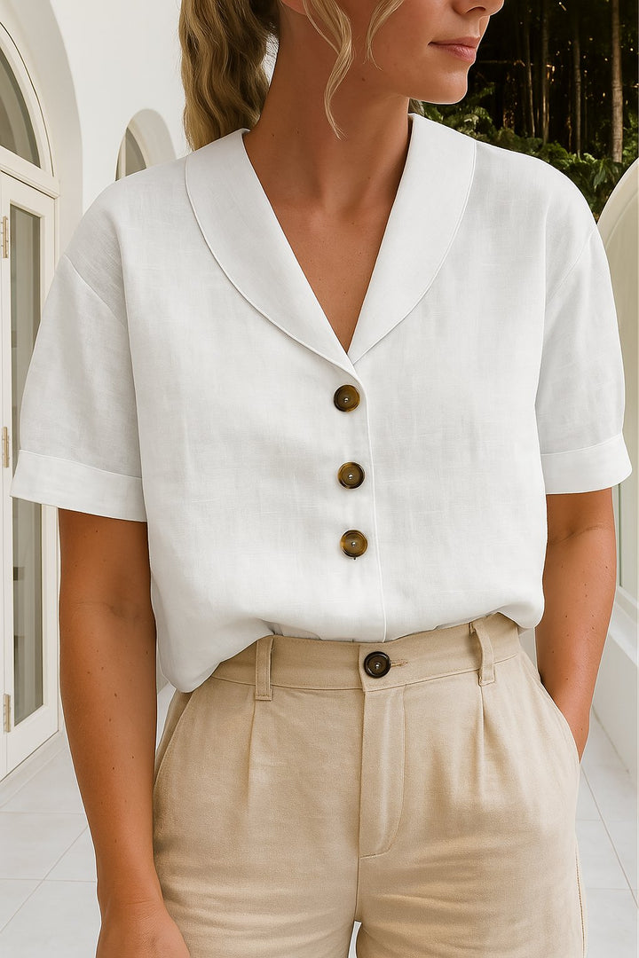 Elegant Bluse med Wrap-Hals og Korte Ærmer - White