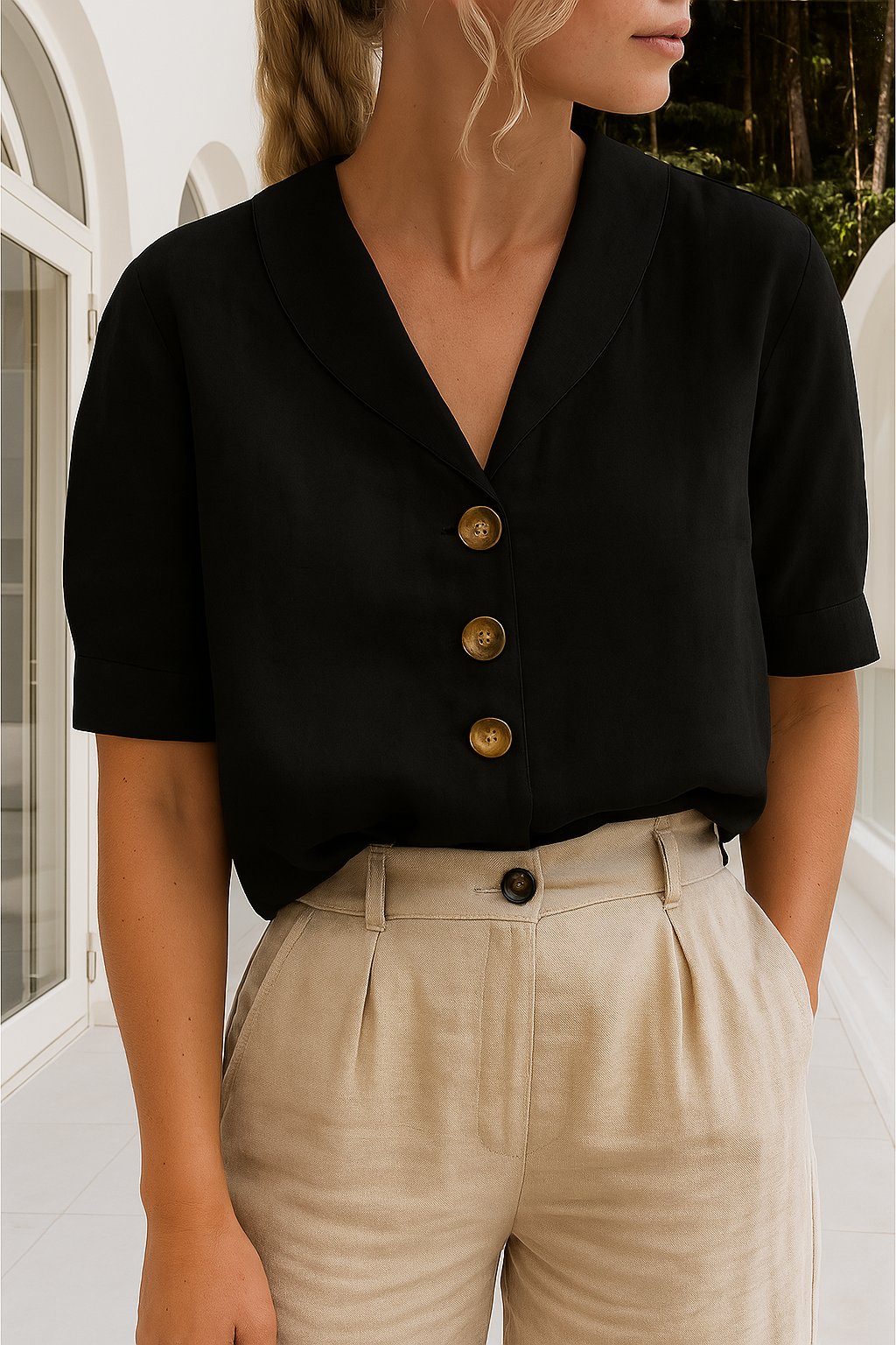 Elegant Bluse med Wrap-Hals og Korte Ærmer - Black