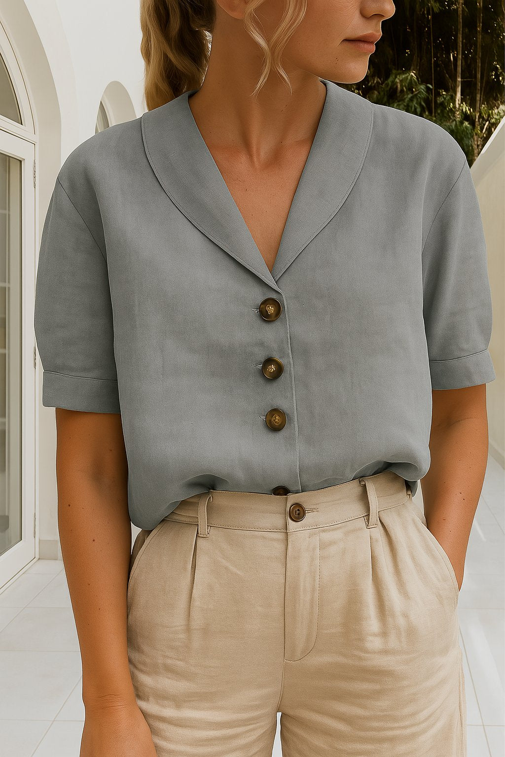 Elegant Bluse med Wrap-Hals og Korte Ærmer - Grey
