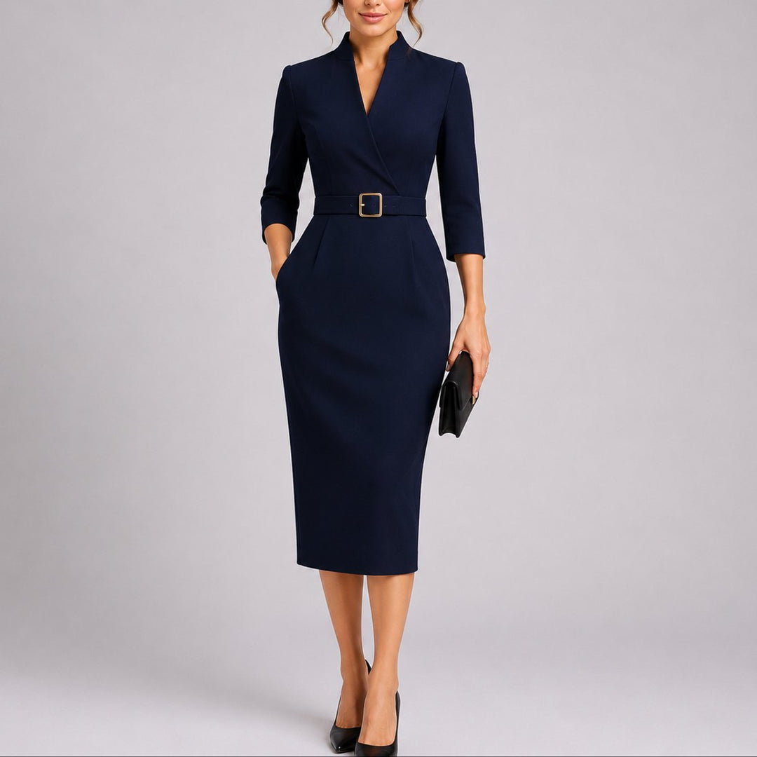 Elegant Bodycon Midi Kjole til Bryllupsgjæster med Bælte V-hals - Marineblå
