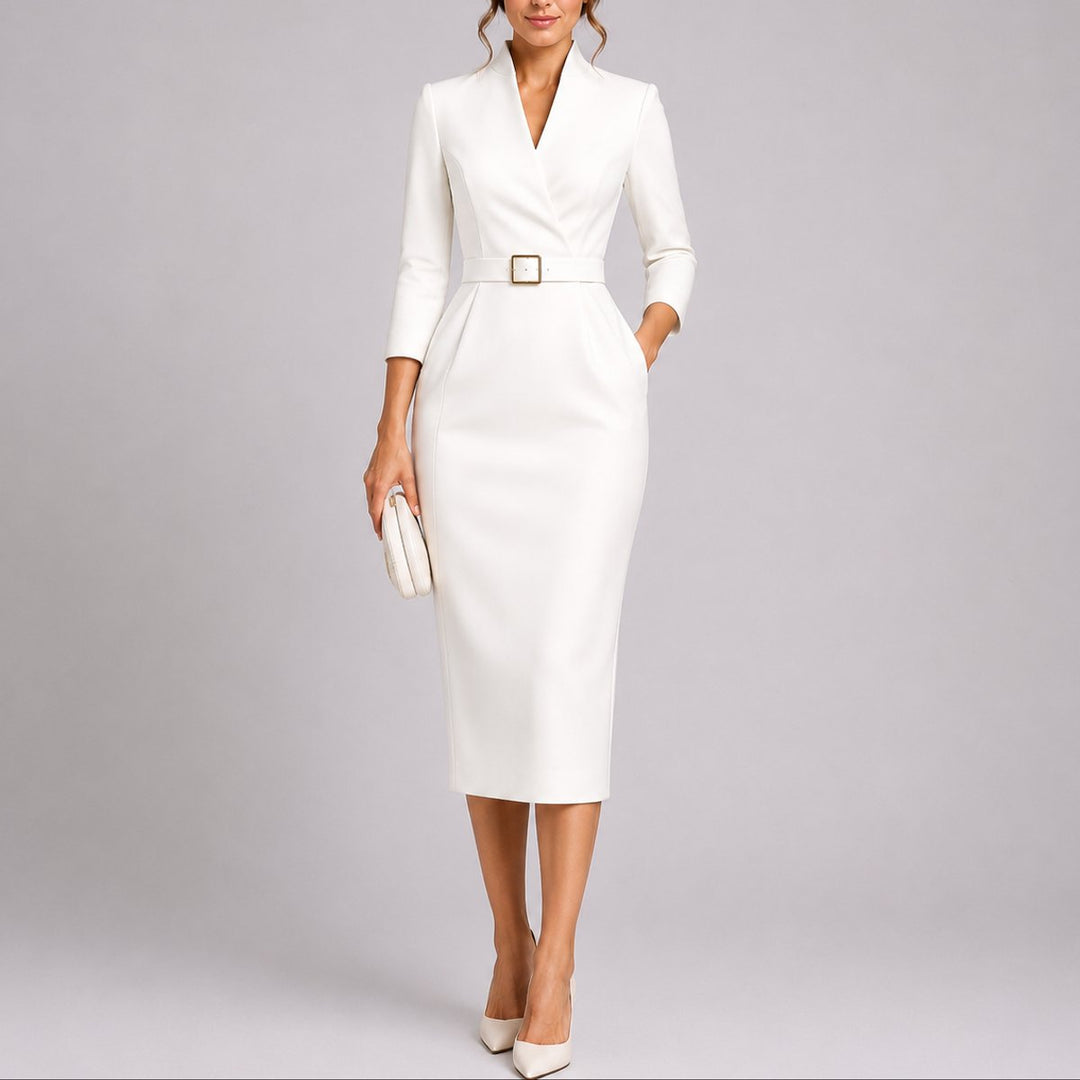 Elegant Bodycon Midi Kjole til Bryllupsgjæster med Bælte V-hals - Hvid