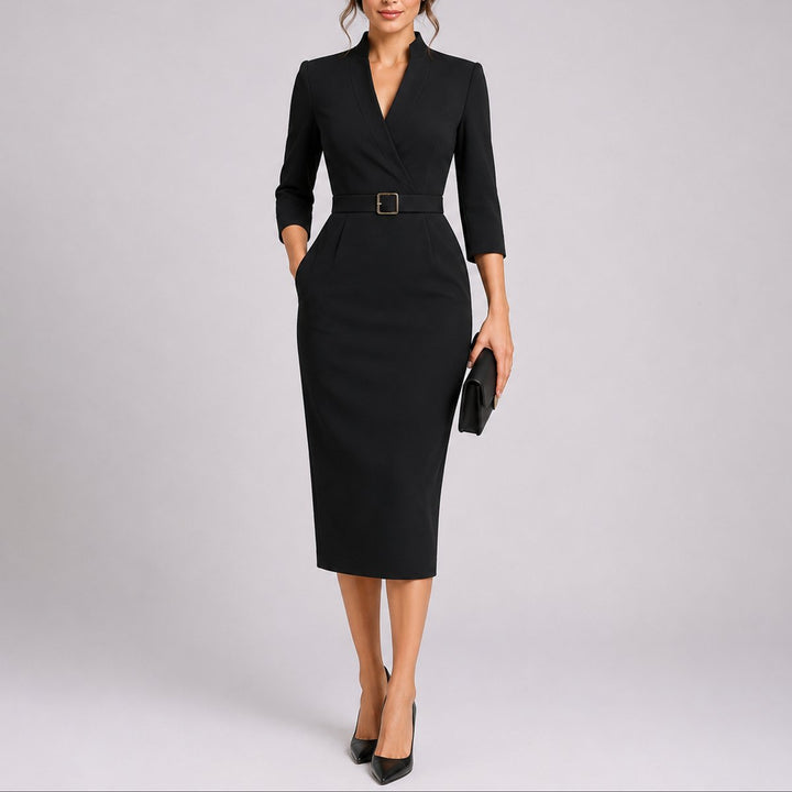 Elegant Bodycon Midi Kjole til Bryllupsgjæster med Bælte V-hals - Sort