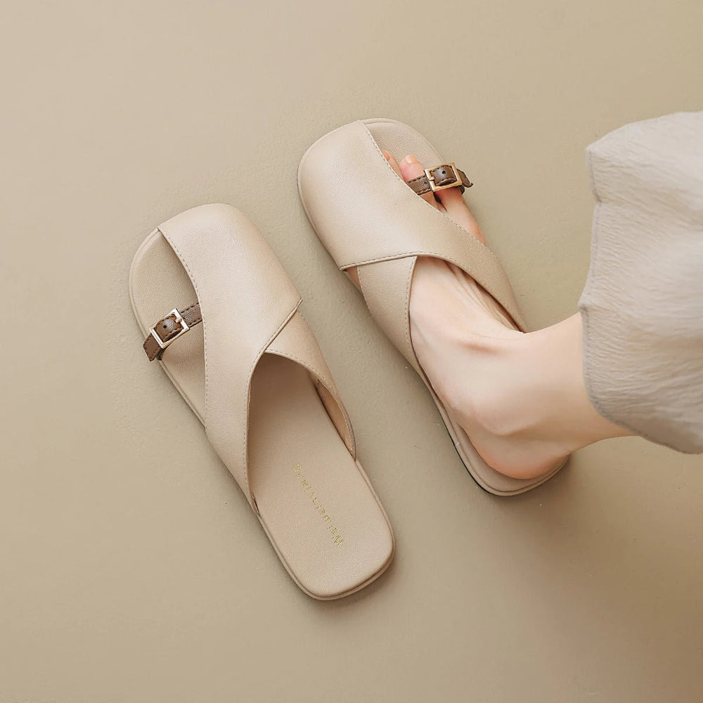 Fisherman Sandals Læder Kryds-Rem Flade Sandaler Kvinder - Khaki