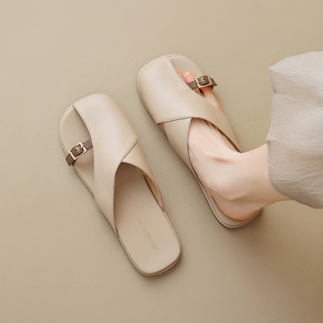 Fisherman Sandals Læder Kryds-Rem Flade Sandaler Kvinder - Khaki