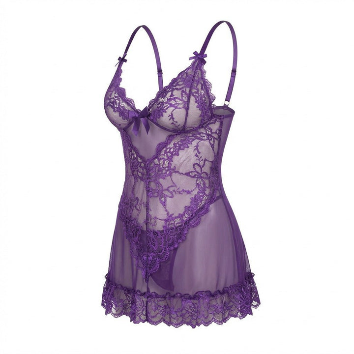 Gennemsigtig Blondekjole Chemise Mesh Blonder Satin G-streng - Purple