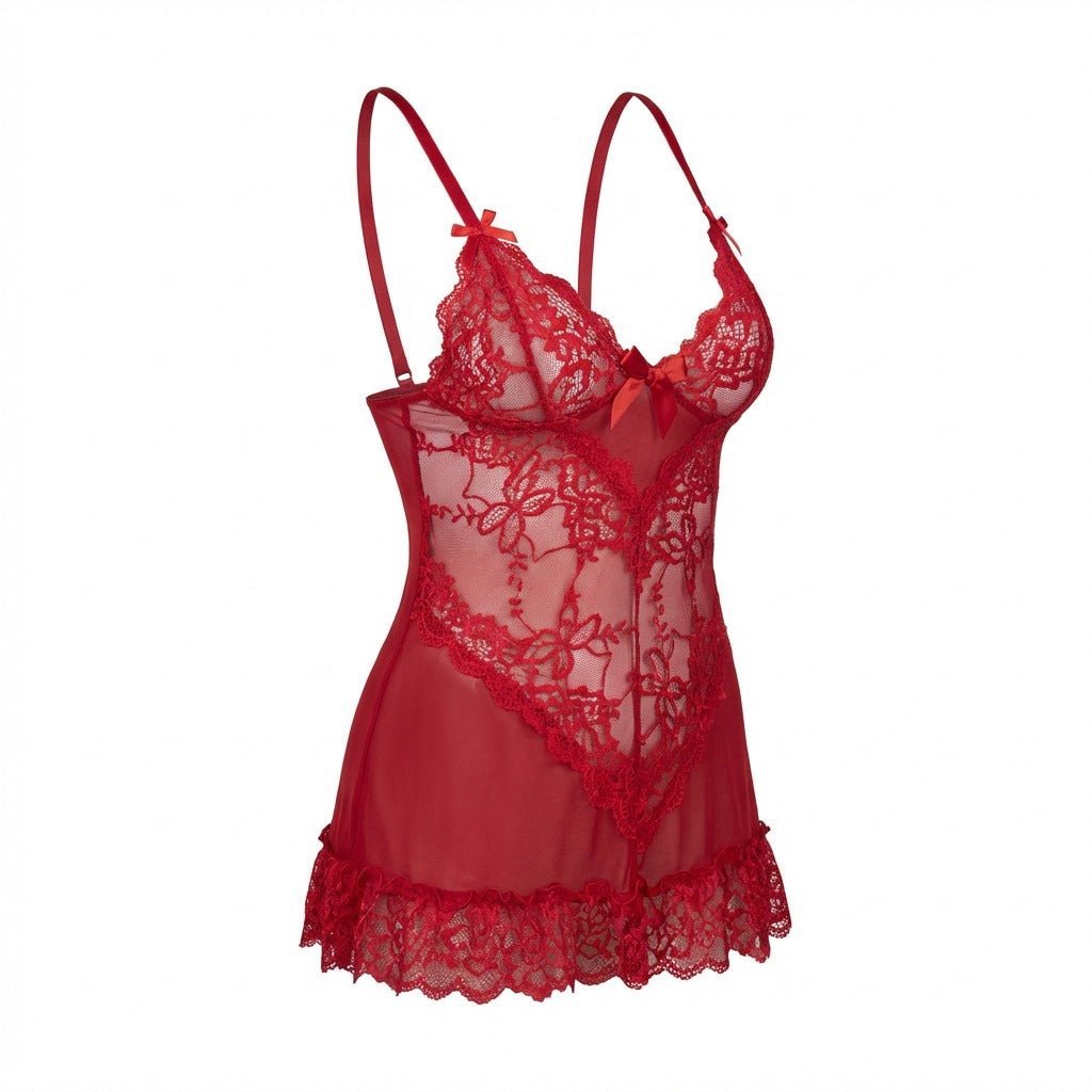 Gennemsigtig Blondekjole Chemise Mesh Blonder Satin G-streng - Red
