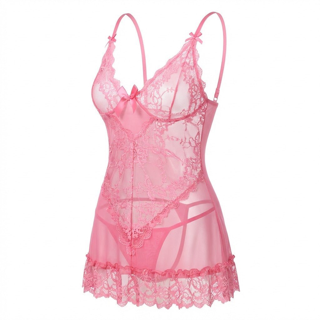 Gennemsigtig Blondekjole Chemise Mesh Blonder Satin G-streng - Pink