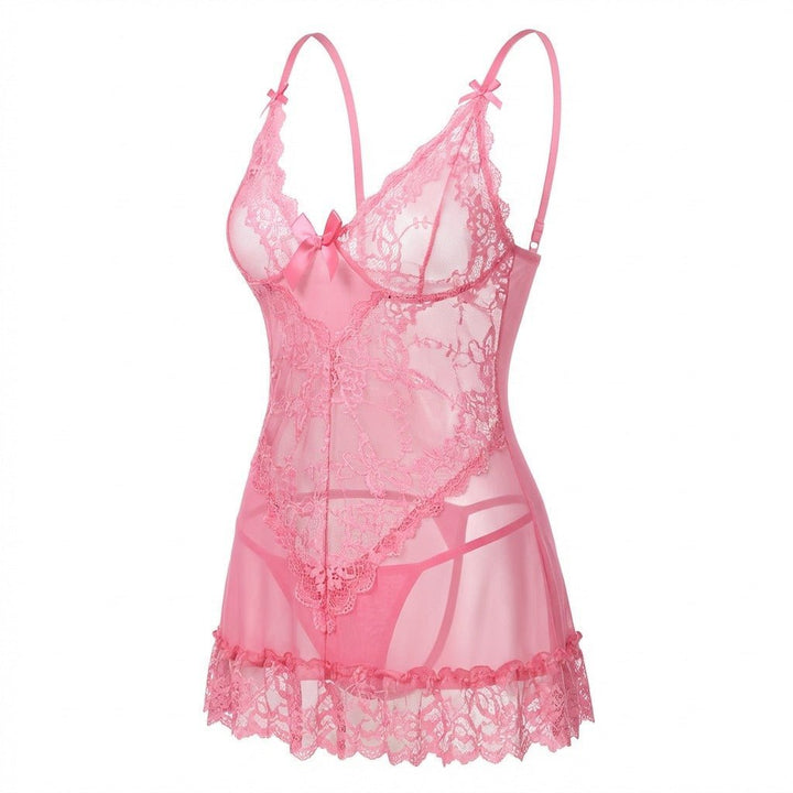 Gennemsigtig Blondekjole Chemise Mesh Blonder Satin G-streng - Pink
