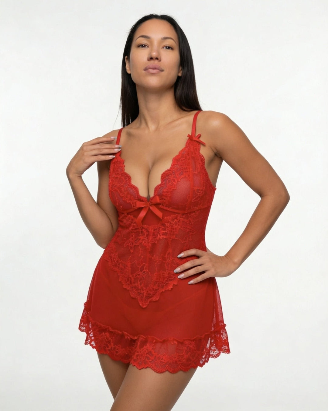 Gennemsigtig Blondekjole Chemise Mesh Blonder Satin G-streng