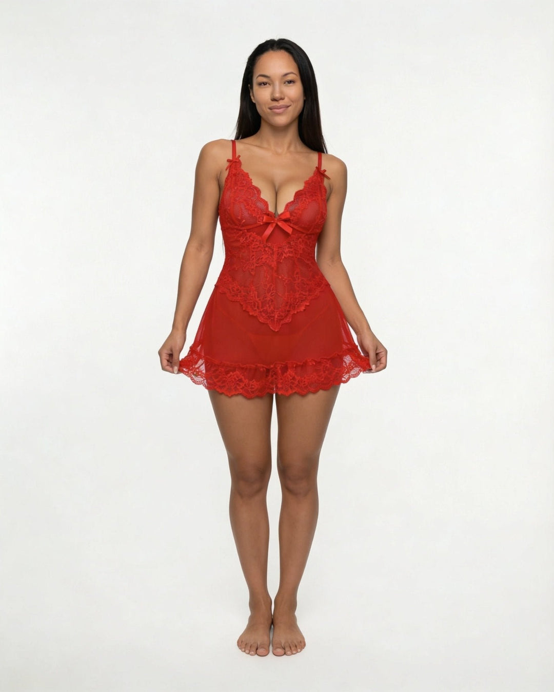 Gennemsigtig Blondekjole Chemise Mesh Blonder Satin G-streng