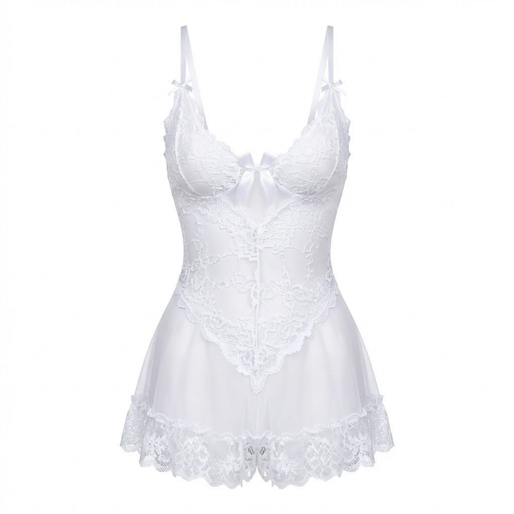 Gennemsigtig Blondekjole Chemise Mesh Blonder Satin G-streng - White