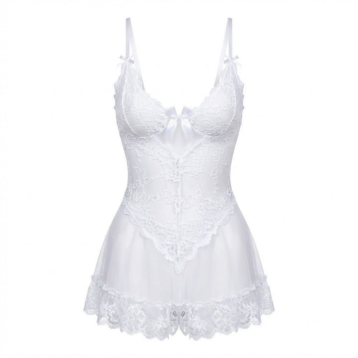 Gennemsigtig Blondekjole Chemise Mesh Blonder Satin G-streng - White